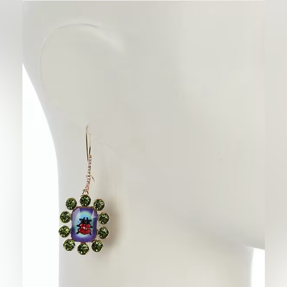 Betsey Johnson Backyard Ladybug Stone Novelty Dangle Drop Earrings - Picture 2 of 3